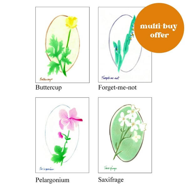 4 flower cards, sold as single handmade cards or a gift box of 4 floral cards