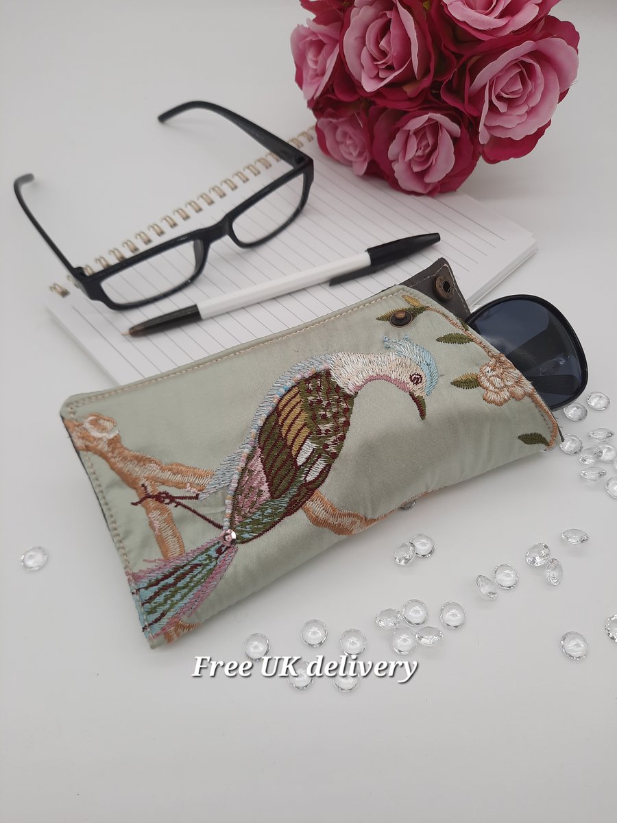 Glasses case green embroidered bird with beading, popper fastening.  