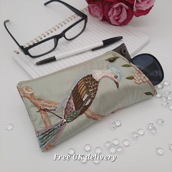 Glasses case green embroidered bird with beading, popper fastening.  