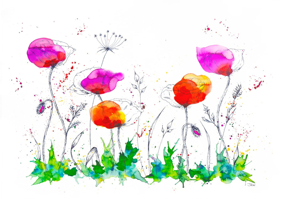 Poppy Meadow watercolour print featuring abstract flowers, painting