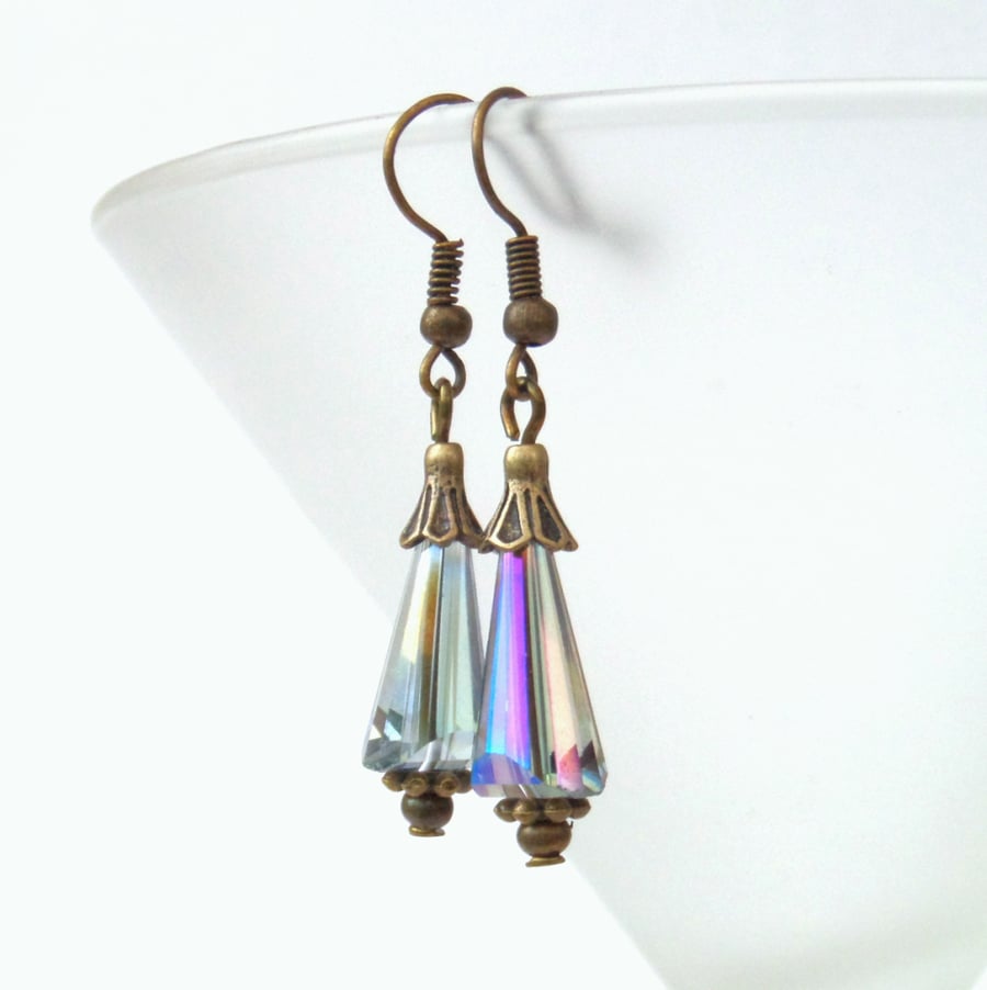Rainbow crystal and bronze earrings, vintage inspired