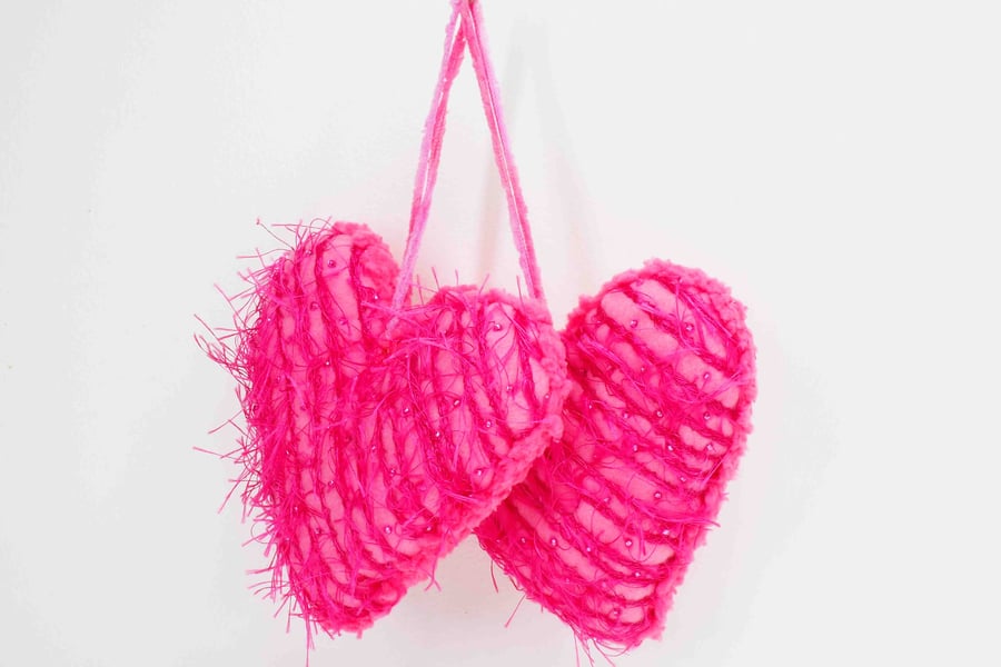 2 large fabric heart hanging decorations or keepsakes, pink