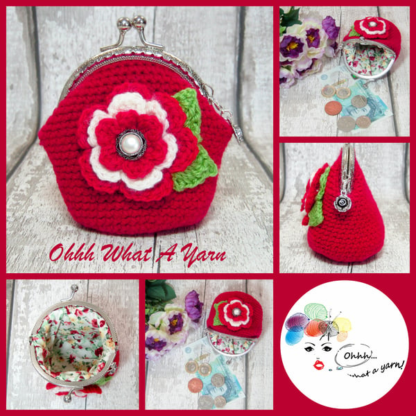Crochet red and cream flower coin purse, flower purse, clasp purse, coin purse