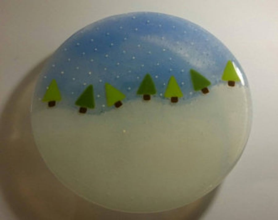 Fused Glass Christmas Winter Scene Cake stand, Christmas Cake Plate