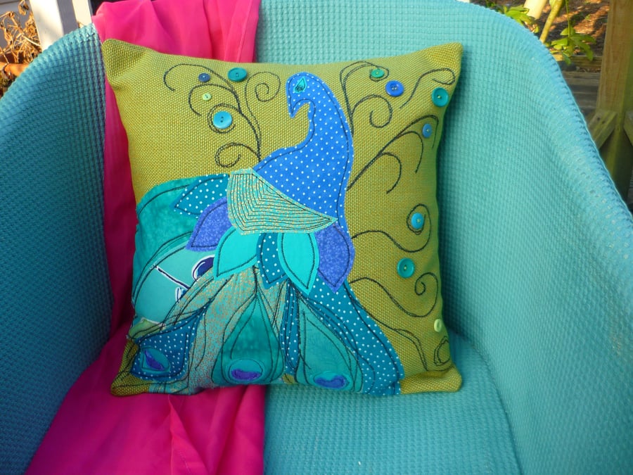 Handmade OOAK Cushion with Applique Peacock Azure Blue GOLD Lime and Turquoise