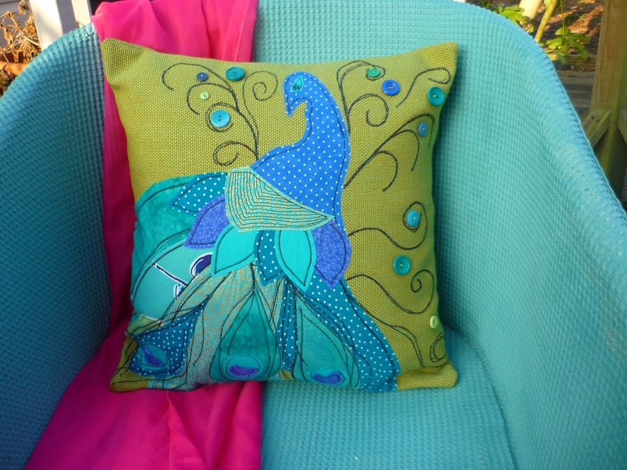 Handmade OOAK Cushion with Applique Peacock Azure Blue GOLD Lime and Turquoise