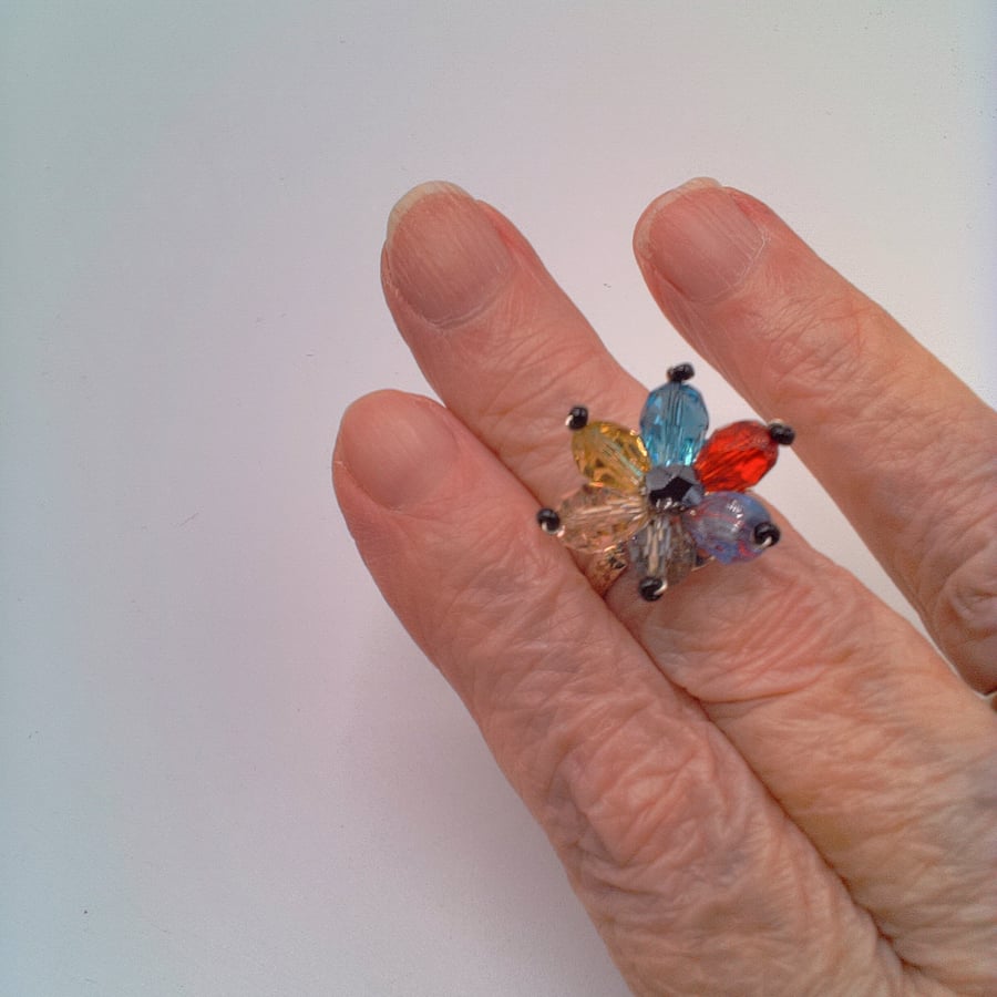 Adjustable Cocktail Ring With Mixed Colour Crystal Flower, Gift for Her, Ring