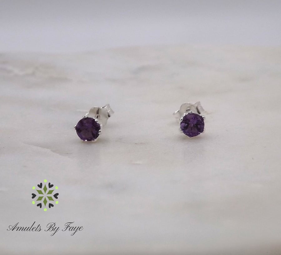 African Amethyst Facet 4mm Gemstone 6 Prong Facet Sterling Silver Stud Earrings.