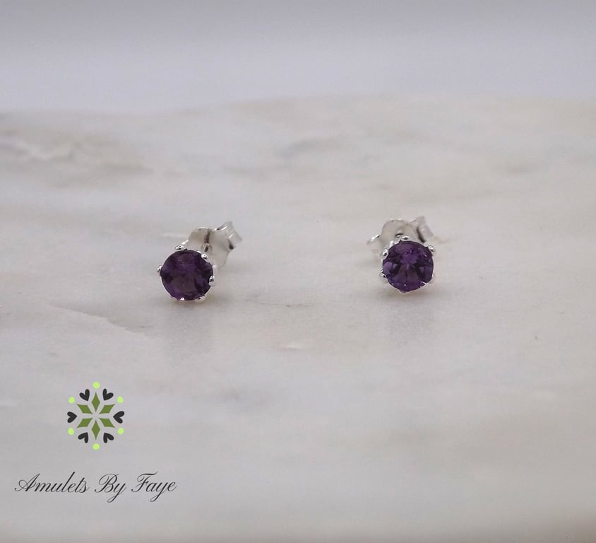 African Amethyst Facet 4mm Gemstone 6 Prong Facet Sterling Silver Stud Earrings.