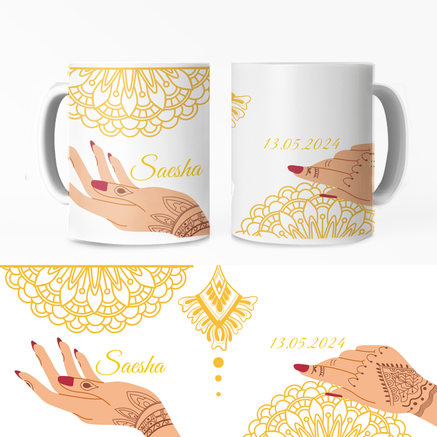 Mehndi Hands Indian Wedding Gift Mug Personalised Name and Date Henna Pattern