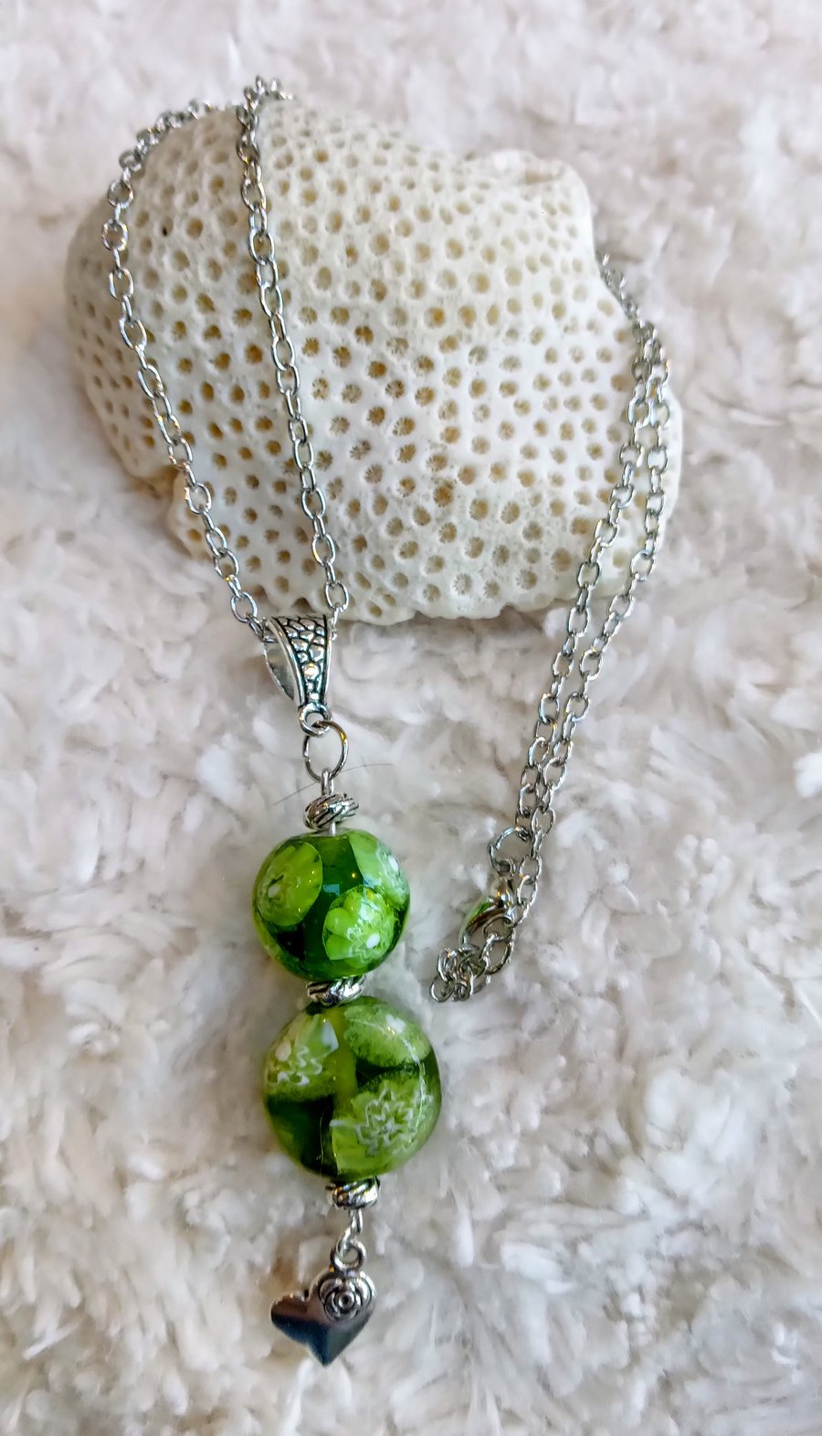Hand-fashioned Spring green LAMPWORK glass beaded silvertone NECKLACE