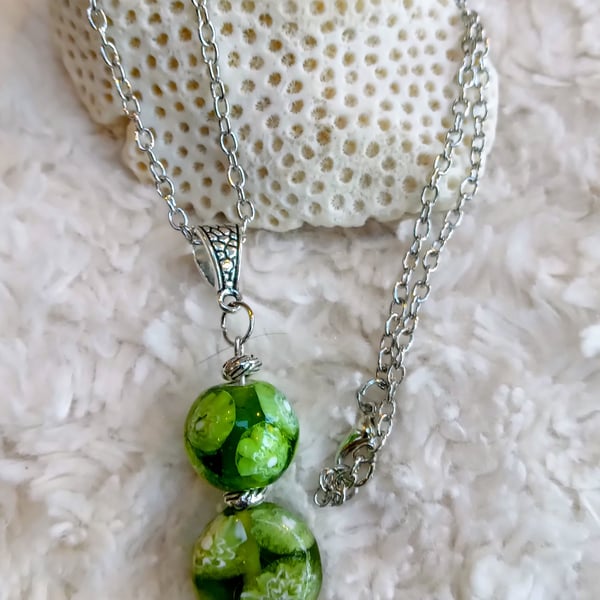 Hand-fashioned Spring green LAMPWORK glass beaded silvertone NECKLACE