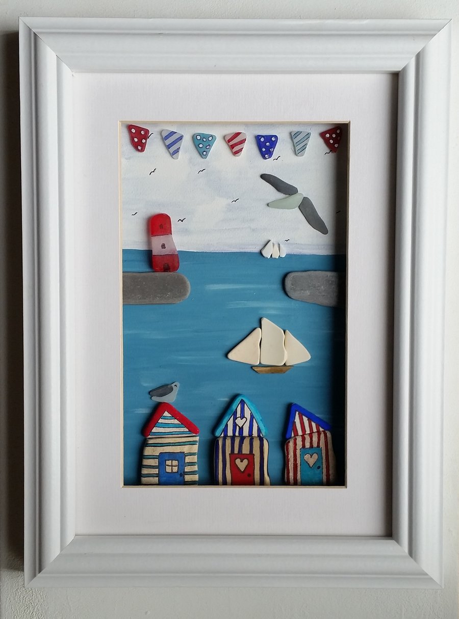 Beach Huts, Tall Ships and Bunting Nautical Themed Coastal Wall Art