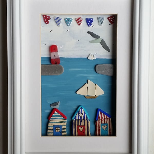 Beach Huts, Tall Ships and Bunting Nautical Themed Coastal Wall Art