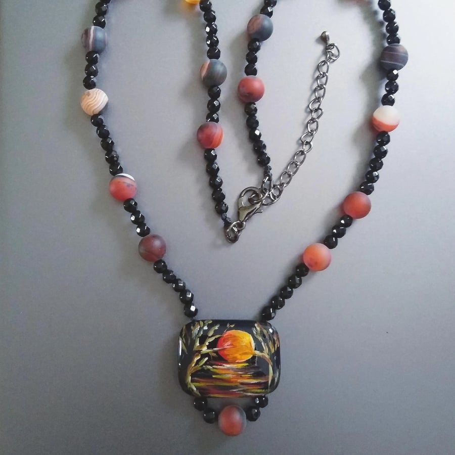 Hand Painted Black Orange Agate Sunset Necklace Unique Wearable Art 18-21 Inch 