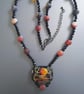 Hand Painted Black Orange Agate Sunset Necklace Unique Wearable Art 18-21 Inch 