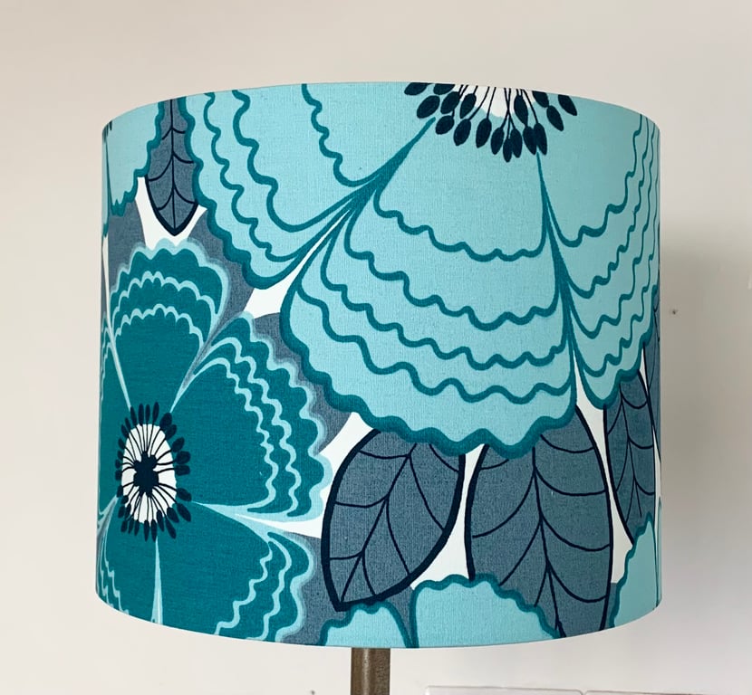 Retro BIG Floral Flower Lampshade 70s 60s BORAS Blue Teal Grey vintage fabric