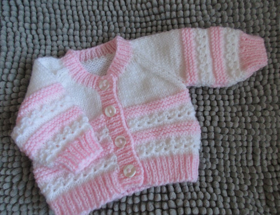 14" White & Pink Newborn Cardigan
