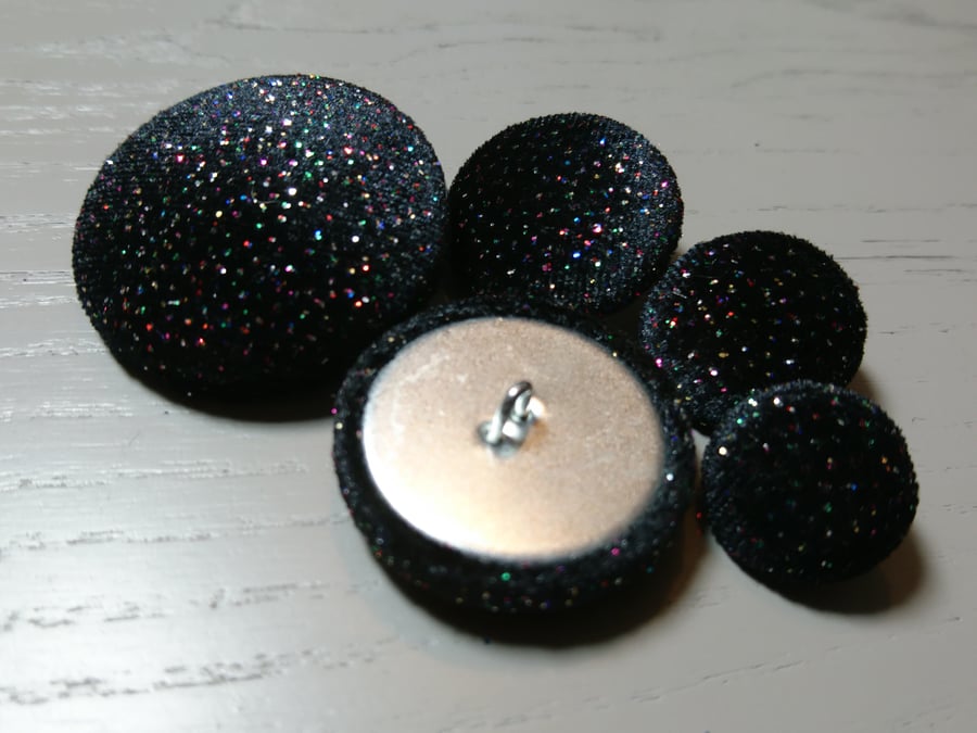 Choice of Button Size & Pack Size - Black Sparkly Velvet Covered Buttons