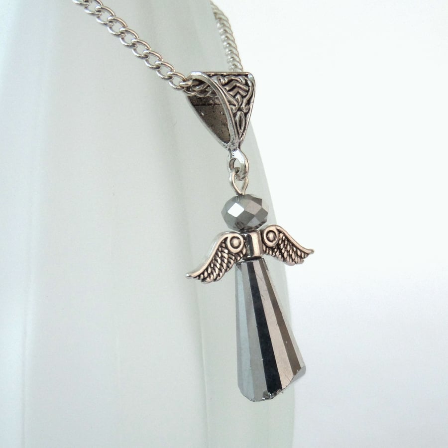 Silver crystal angel necklace