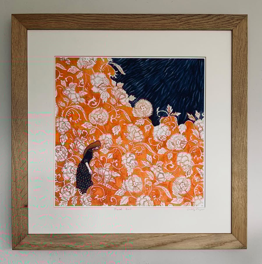 Field Girl, large, framed high quality art print of Watercolour Painting