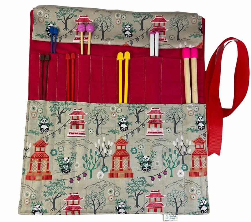 Straight knitting needle case with pandas , needle roll, storage case, knitting 