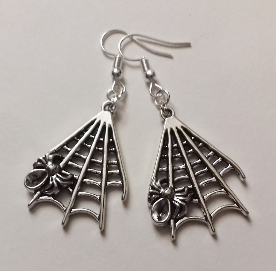 Gothic Silver Plate Large Cobweb Spider Web Charm Earrings