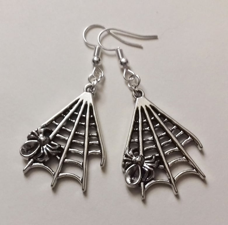Gothic Silver Plate Large Cobweb Spider Web Charm Earrings