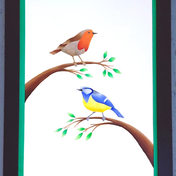 Made in UK Framed A3 Print Colourful Bluetit Red Robin Dark Green Border Wallart