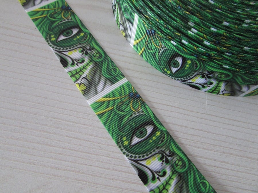 Green Sugar Skull Calaveras Day of the dead Tattoo Grosgrain Ribbon x 1 metre