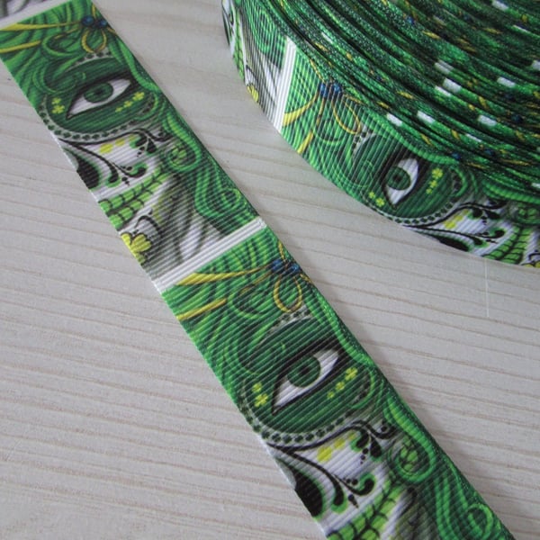 Green Sugar Skull Calaveras Day of the dead Tattoo Grosgrain Ribbon x 1 metre