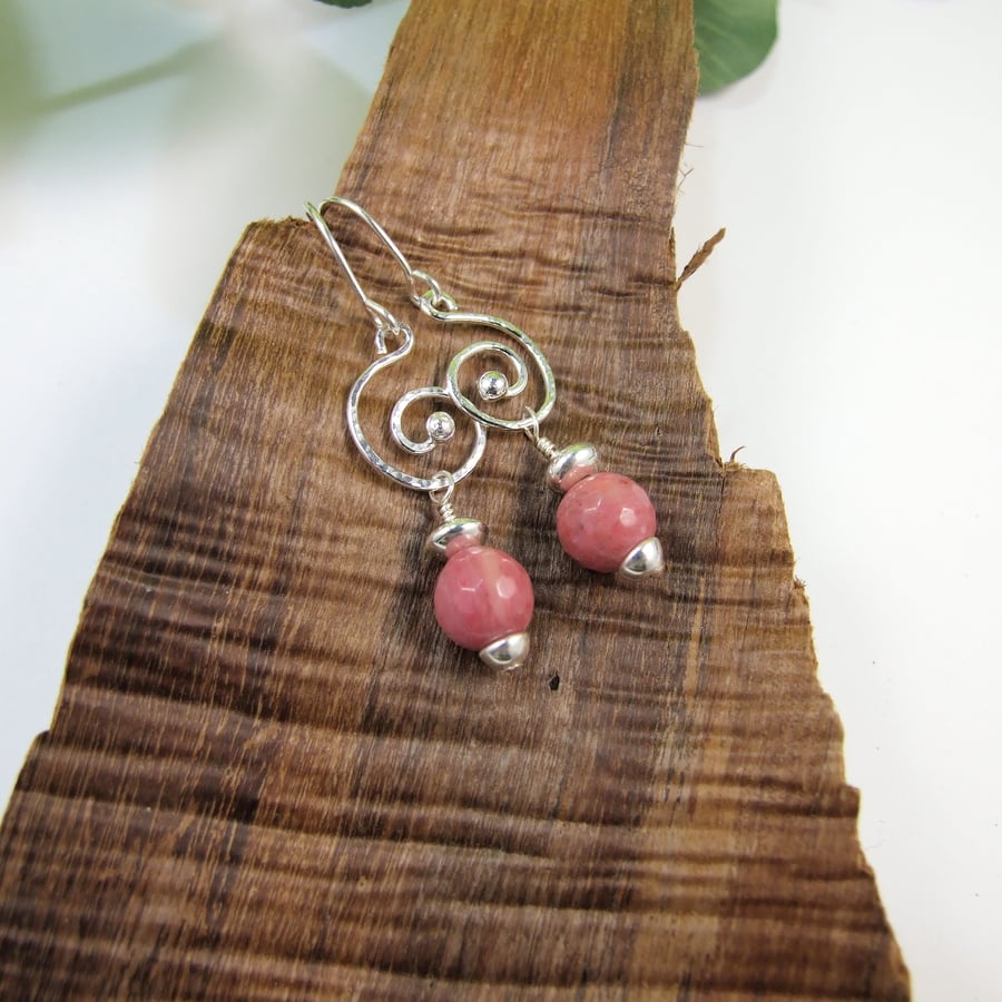 Earrings, Sterling Silver Long Drop with Rhodochrosite Gemstones