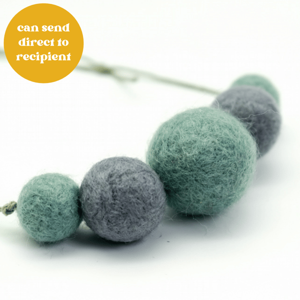 Felted bead necklace in grey and sage green wool