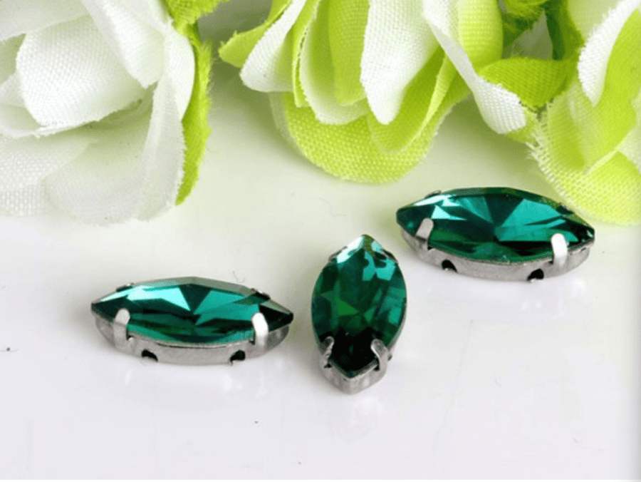 (S18S peacockgreen) 50 Pcs, 7x15mm Sew On Crystal Horse Eye Beads, Glass Leaf 