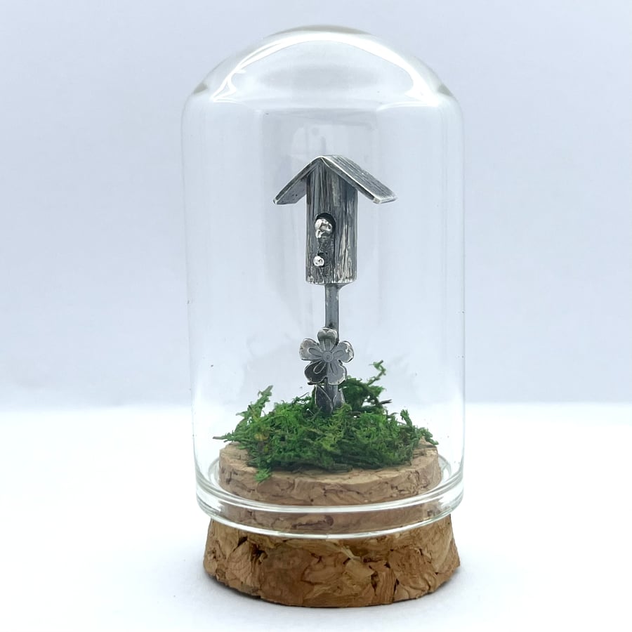 Handmade Sterling Silver Miniature Birdhouse Bell Jar Scene