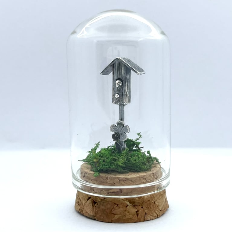 Handmade Sterling Silver Miniature Birdhouse Bell Jar Scene