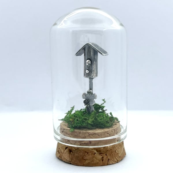 Handmade Sterling Silver Miniature Birdhouse Bell Jar Scene