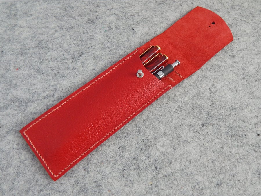 Bright Red Leather Pencil Case, Pen Case with fold-over flap. 