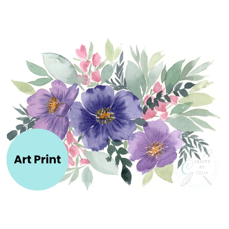 Art Print Loose Watercolour Purple Flowers, available in A4 and A5