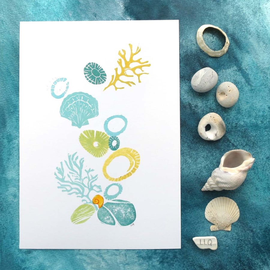 Lino monoprint rockpools series seashells, pebbles and seaweed seaside picture
