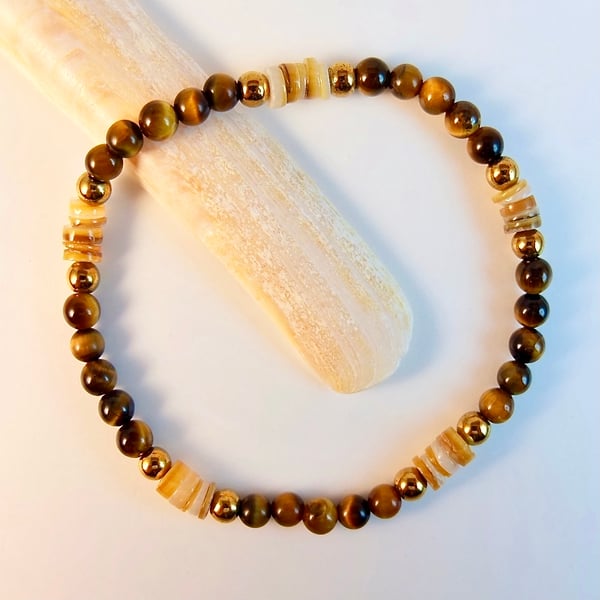 Tiger's Eye And Shell Bracelet - Handmade In Devon.