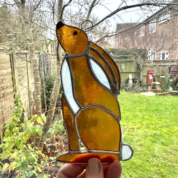 Stained Glass Hare Suncatcher - Moon Gazing Hare - Handmade Window Decoration 