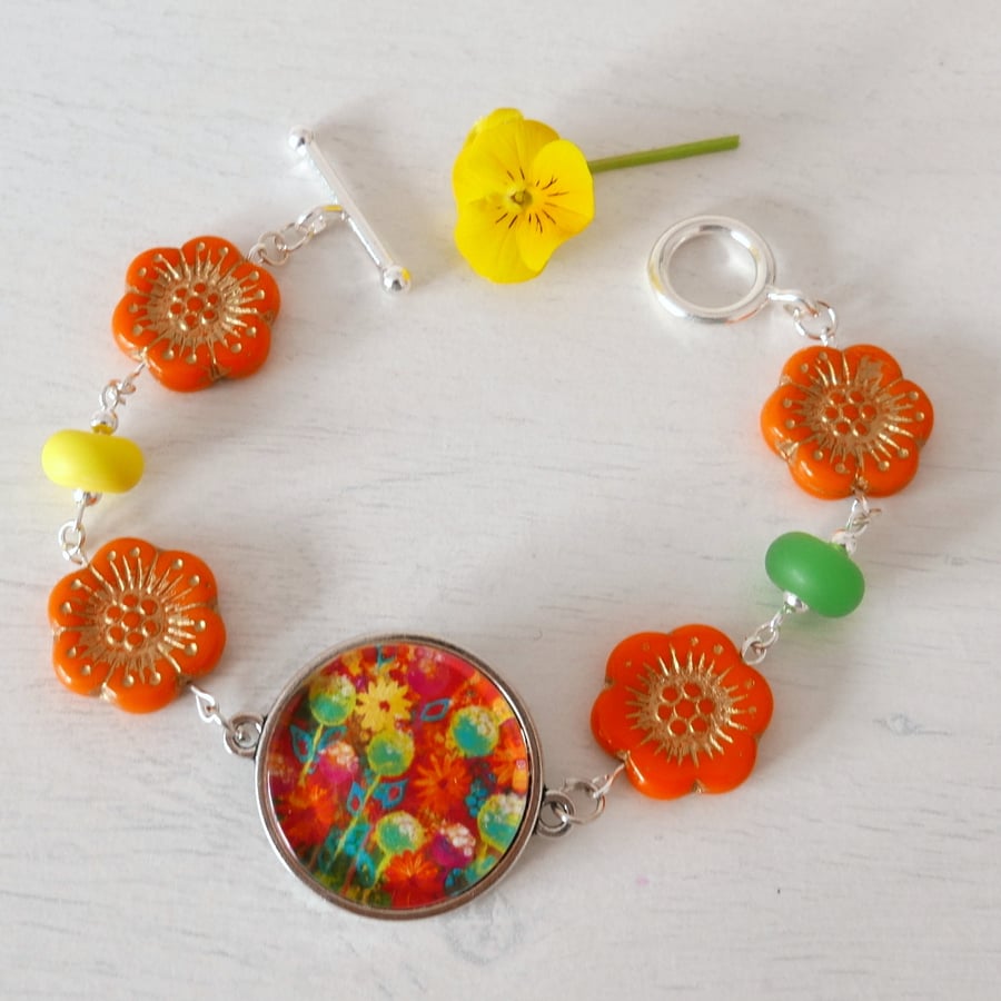 Orange Bracelet with Flowers Artwork and Czech Class Beads