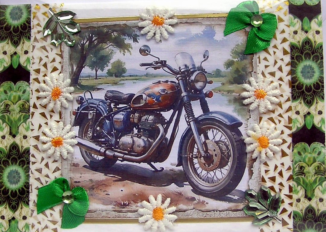 Retro Vintage Motorbike Hand Crafted Decoupage Greeting Card - Blank - 3272