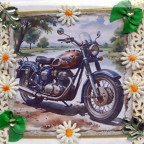 Retro Vintage Motorbike Hand Crafted Decoupage Greeting Card - Blank - 3272