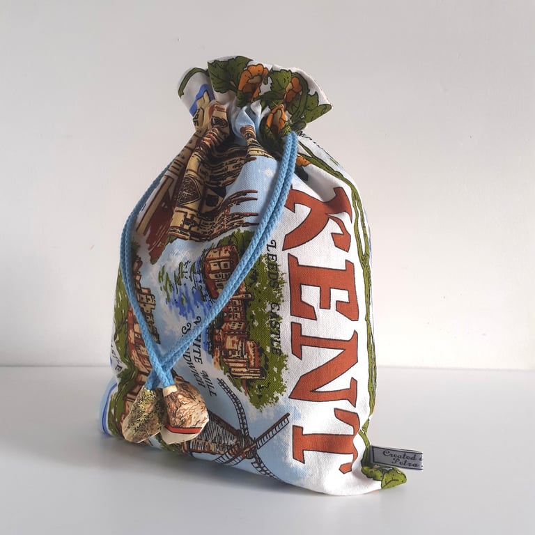 Kent illustrated drawstring bag upcycled from a vintage tea towel