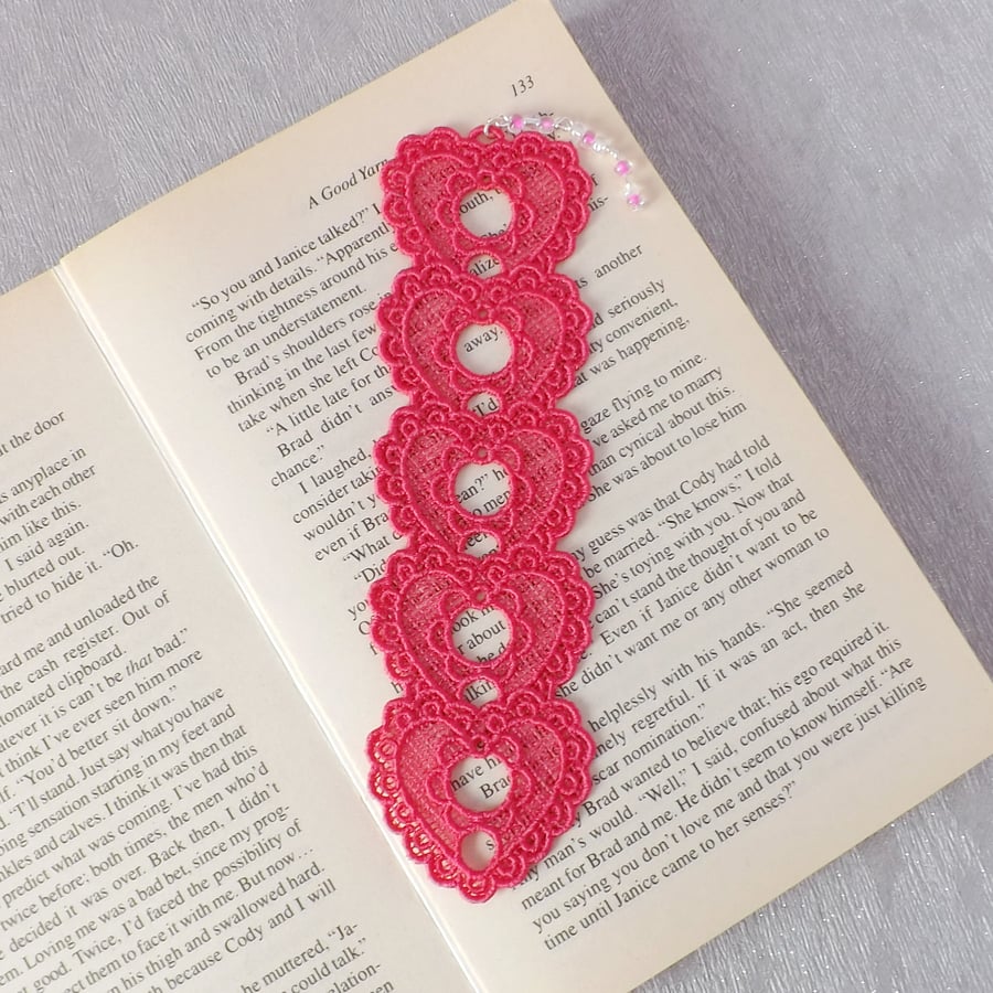 Bookmark, hearts bookmark, embroidered lace, pink