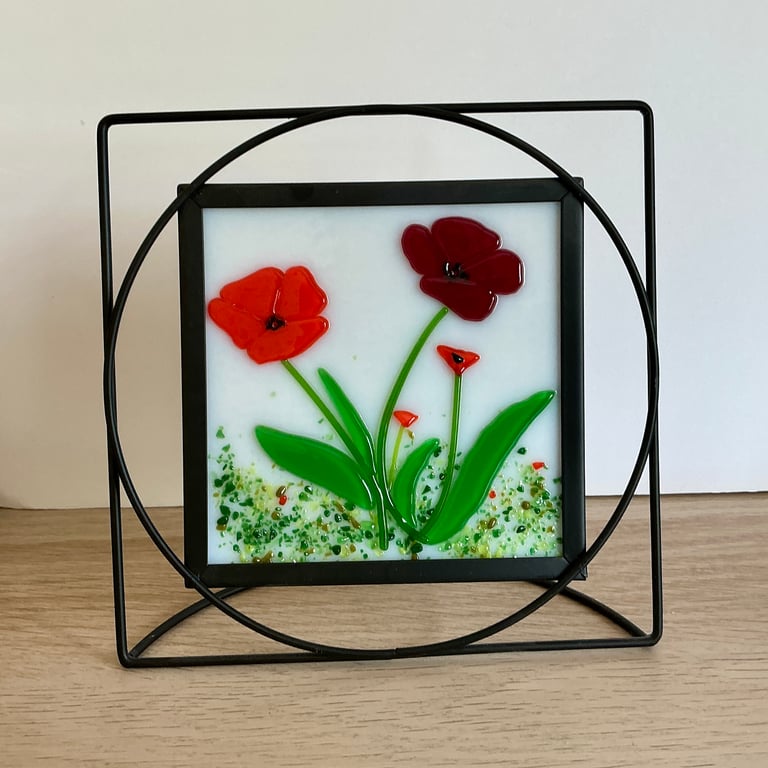 Fused glass art poppy picture in frame