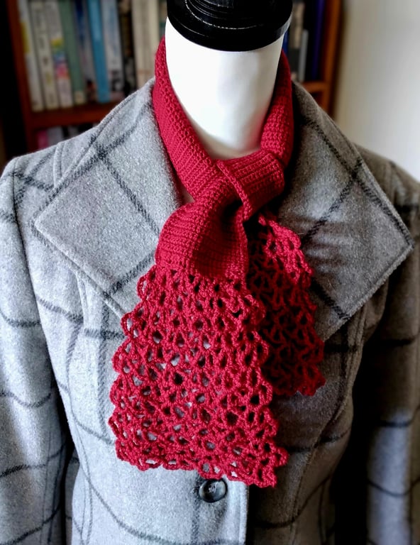 Crochet Lacy Waterfall Scarf in Dark Red Wool