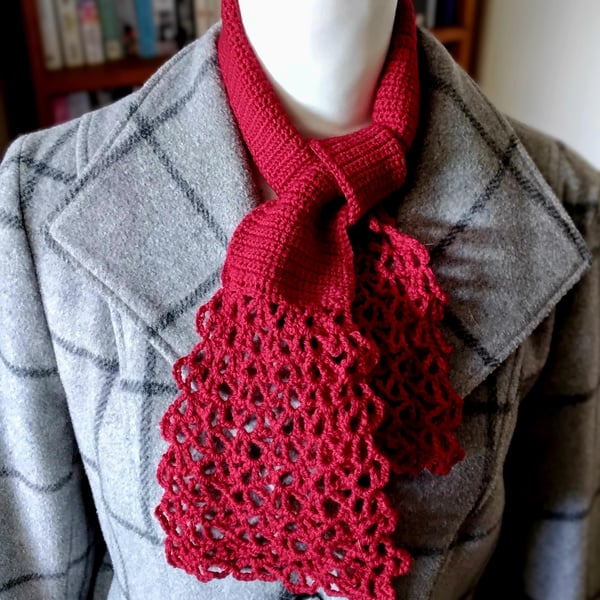 Crochet Lacy Waterfall Scarf in Dark Red Wool